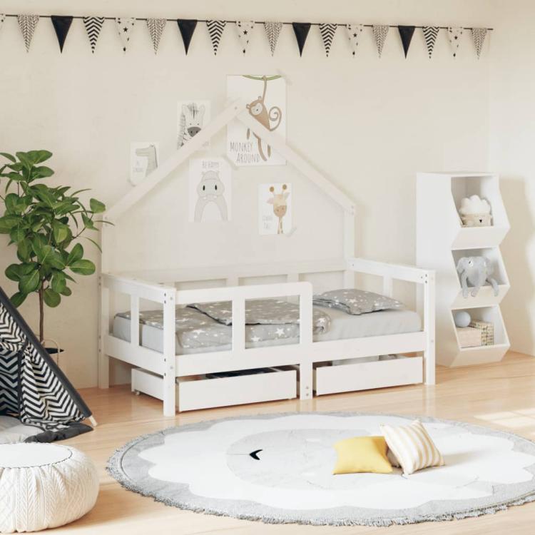 Picture of Kids Bed Frame with Drawers White 70x140 cm Solid Wood Pine