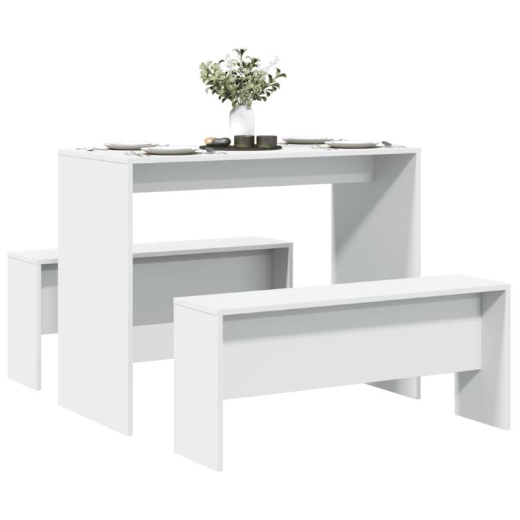 Picture of 3 Piece Dining Table and Bench set White Engineered Wood