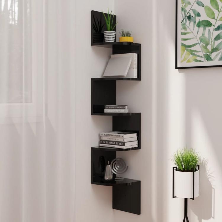 Picture of Wall Corner Shelf High Gloss Black 19x19x123 cm Engineered Wood