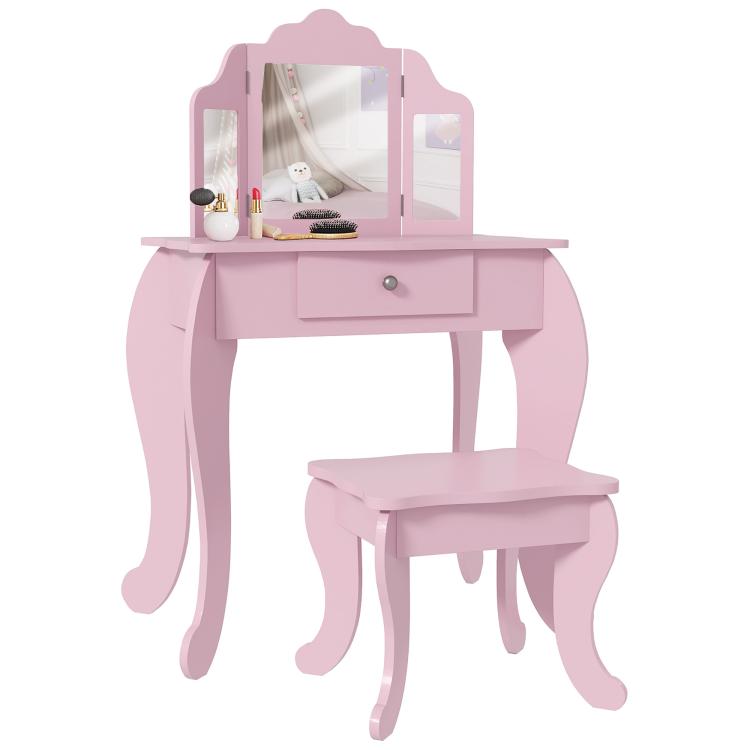 Picture of Kids Vanity Table and Chair Set with Tri-Folding Mirror and