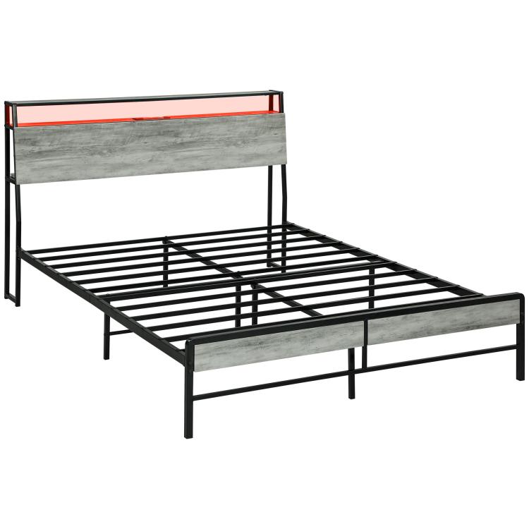 Picture of Double Steel Bed Frame with LED Lights and Shelf - Grey