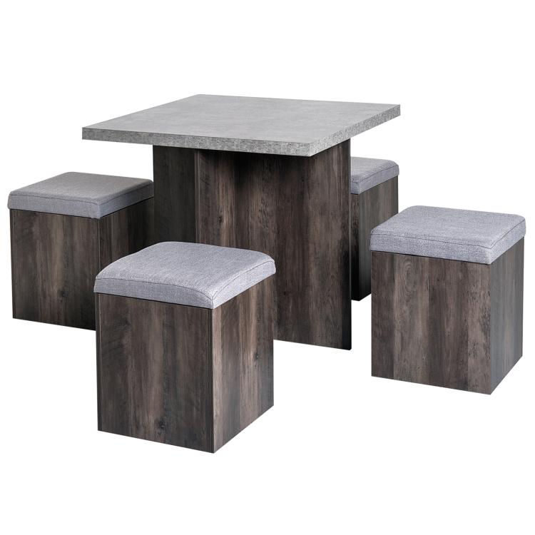 Picture of 5PC Dining Set Garden Patio Wooden Set 4 Storage Stools