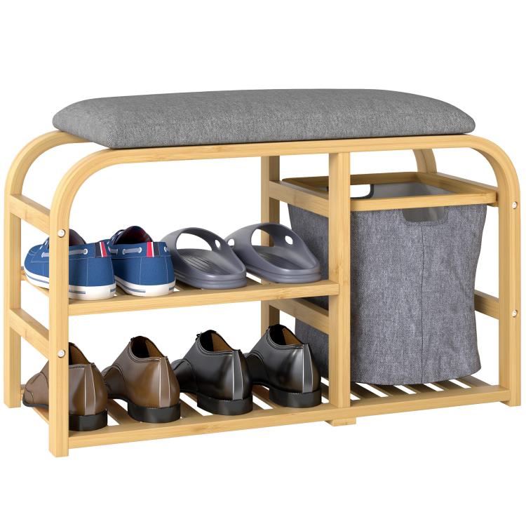 Picture of Bamboo Shoe Rack Bench with Padded Seat - Nature Wood Finish