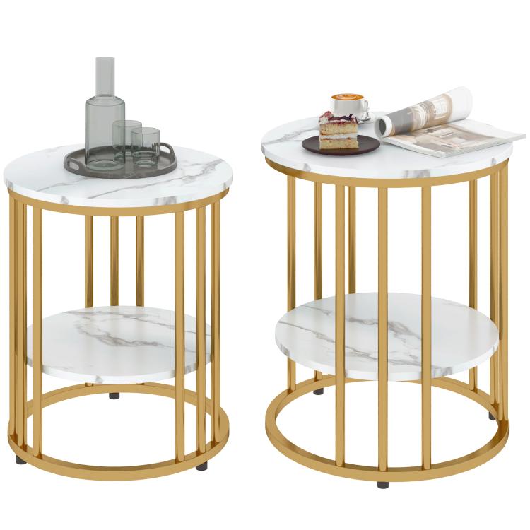 Picture of Set of Two Marble-Effect Coffee Tables - WhiteGold-Tone