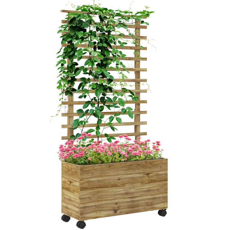 Picture of Wooden Raised Planter with Back Trellis - Natural Finish